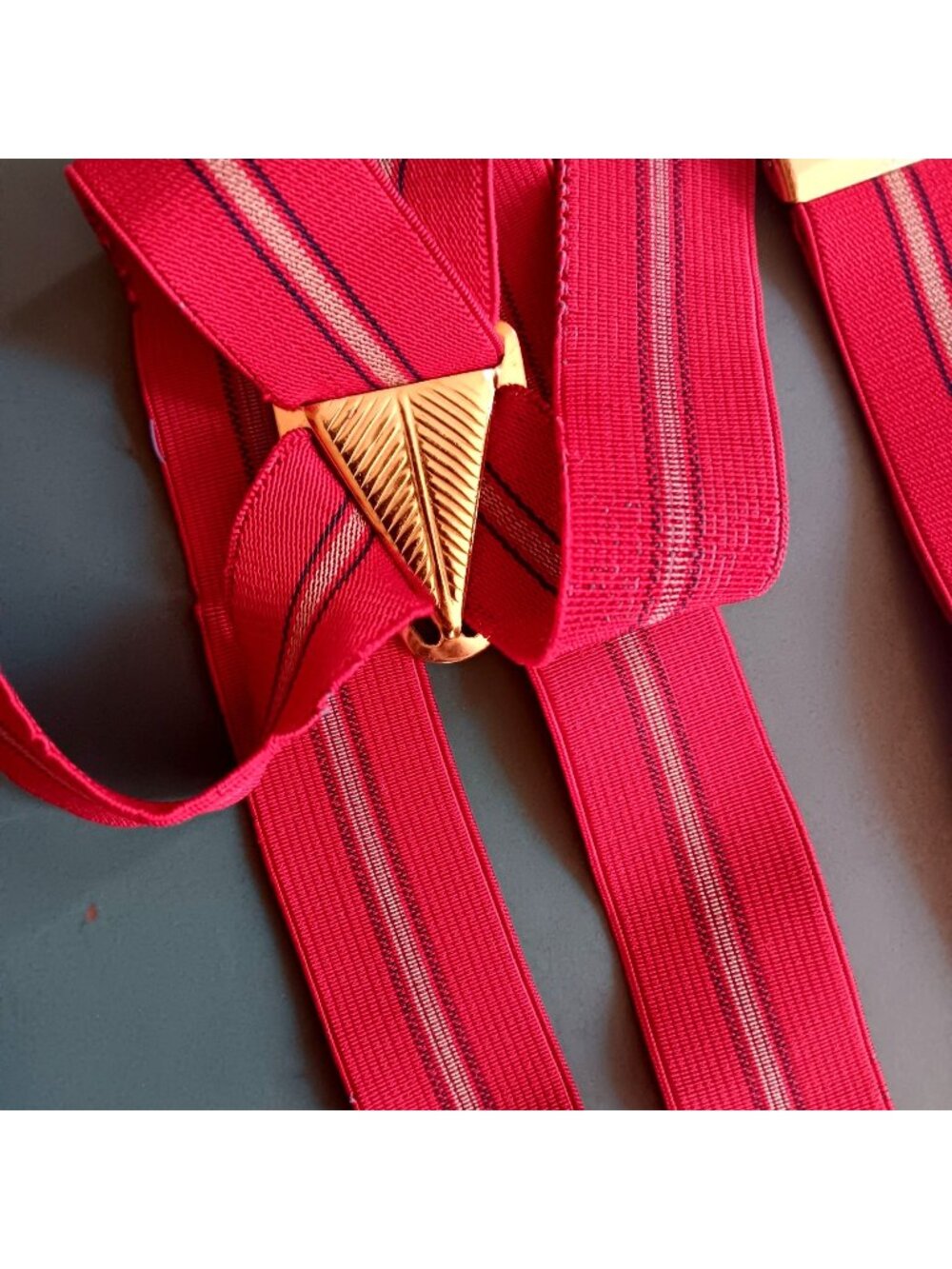 Vintage Red Elastic Suspenders With Brass Metal Clips & Y-Back Design